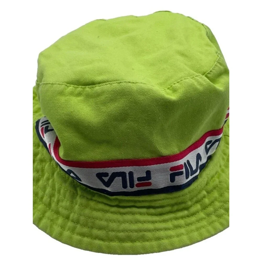 FILA Cotton Bucket Hat Neon Green All Over FILA Hat Band Unisex One Size RARE